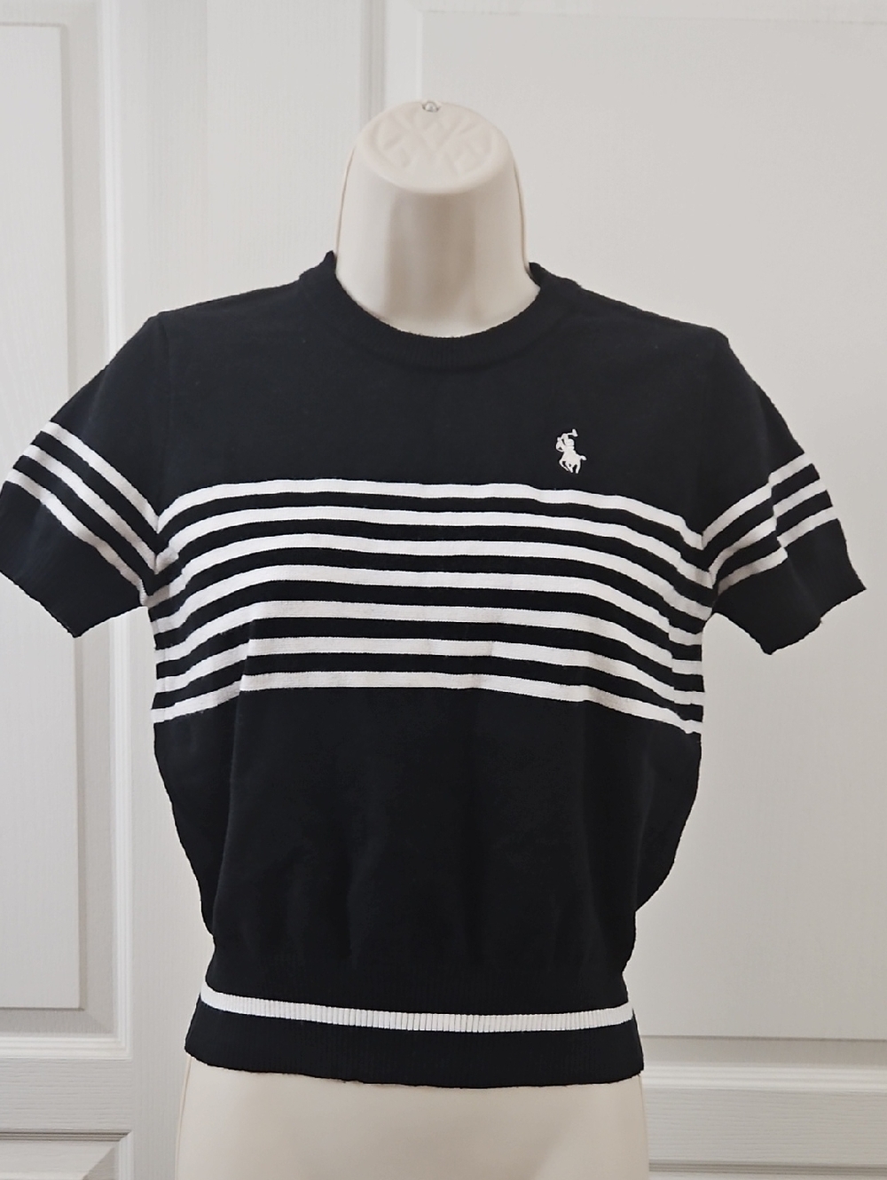 Unbranded | Black/White Striped Short Sleeve Knit Top with embroidered pony Logo